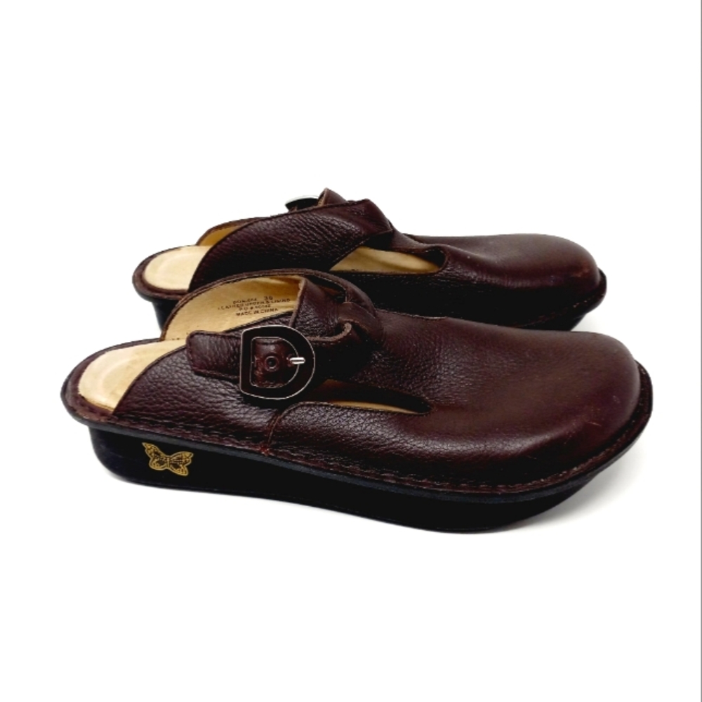 Alegria Don-604 Brown Pebbled Leather Buckle Clog Mules 38